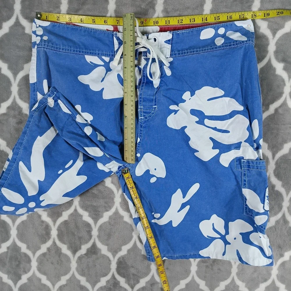 Counter Culture Board Shorts Men Size 36 Blue White Hibiscus Hawaiian Cotton
